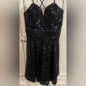 Crystal Doll Sparkling Navy and Black Sequin Mini Dress Sweetheart Neck NWT SZ 1
